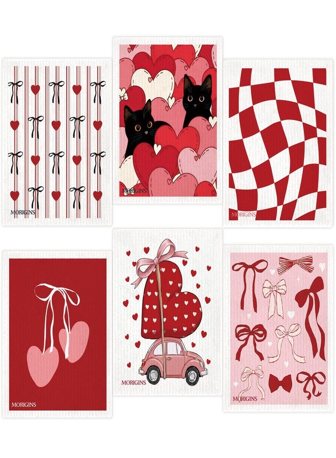 Morigins Cute Cat Series Swedish-Style Dishcloths, Reusable Butterfly-Knot Valentine's Day Absorbent Towels for Kitchen, Bathroom, and Countertop Cleaning, Cellulose Sponge Cloth 6-Piece Set 7x8 - Image 1